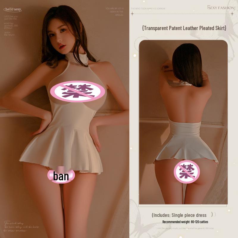 Man Yan Lingerie: Sexy Backless Patent Leather Pleated Mini Skirt Dress Set for Mature Women
