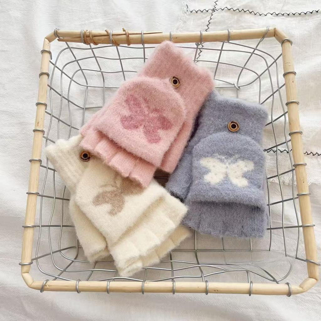 Bow Flip Knitted Gloves New Plush Thickened Cold Proof and Warm Student Fingerless Versatile Cartoon Trend