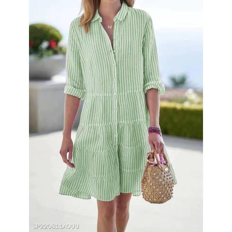 Summer long-sleeved women's striped lapel dress, elegant, generous, comfortable and versatile