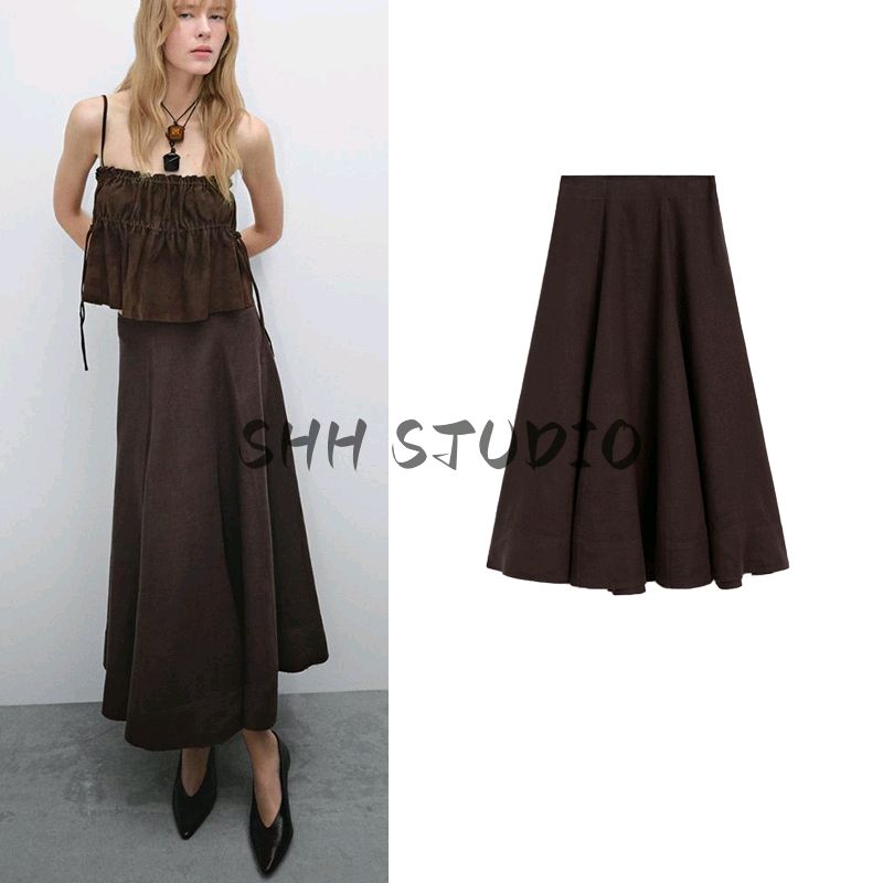 MD Spring and Summer New Arrival Women's Wave Style Retro Brown Texture Linen Blended Umbrella Skirt Skirt 5236586