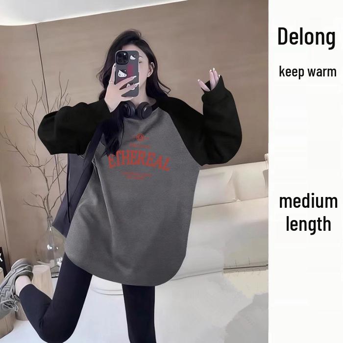 Women s Color Block Brushed Long Sleeve Base Layer T-shirt, Thick & Warm: 2025 Autumn/Winter Large черный серый