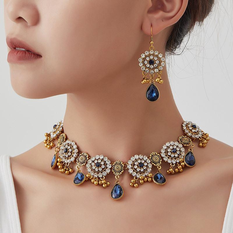 Evropský etnický styl Kapka Květina Šperky Set pro Ženy - Plně Diamantové Náušnice & Náhrdelník