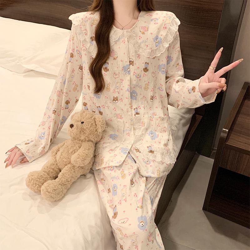 Women's Cartoon Lace Peter Pan Collar Cotton Pajamas - Long Sleeve, Spring/Fall, Winter Style