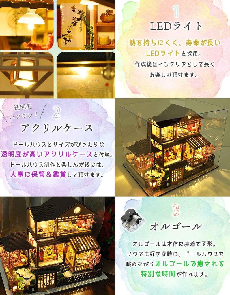 Moin Moin Dollhouse Miniature DIY Kit Set 124 Scale Ryokan Sakuraba-kyo - LED Light + Acrylic Case + Music Box (Twinkle Twinkle Little Star) 2504dh455
