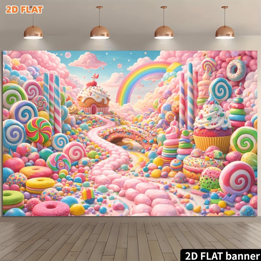 One dreamy candy world backdrop, featuring a rainbow candy bridge and cupcake theme, with bright and rich colors.