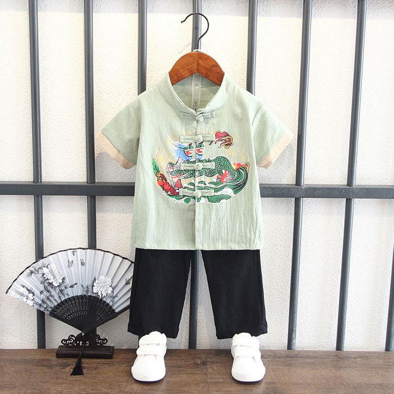Boys Summer Hanbok Suit Chinese Style Baby Anniversary Dress Full Moon Week Clothes Ancient Costume Fu Style Breathable Performance Outfit