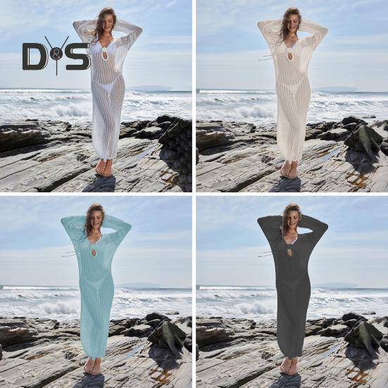 Damen Strandkleid Aushöhlen Gestrickt Rückenfrei Schnürriemen V-Ausschnitt Lockerer Kittel Überzug Langarm Sonnenschutz Lady Bikini Badeanzug Beachwear