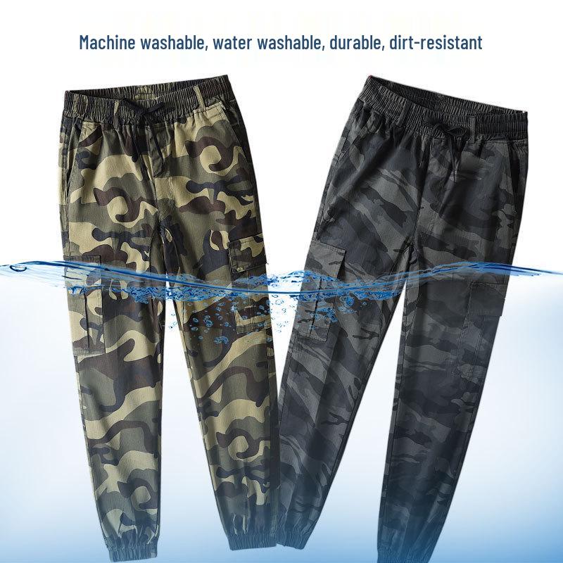 Men's Elastic Camouflage Cargo Pants: Wear-Resistant, Multi-Pocket, Skinny Fit, with Increased Crotch for Work Safety.