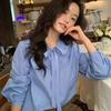 Blue Striped Women's Shirt Bow Design Fashionable Long Sleeved Shirts Commuting Style Ladies Waist Cinched Design Top