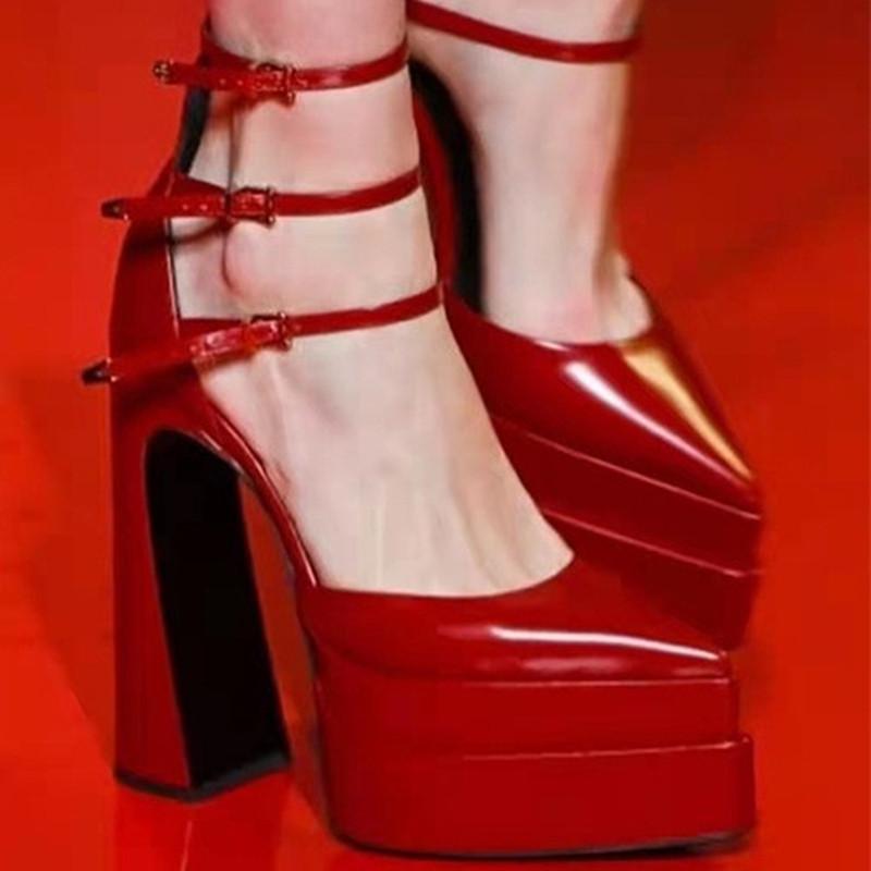 Fashion Runway Style Platform Wedges Women Pumps Fashion Pointed Toe Ankle Strap Mary Janes High Heels Summer Female Wedding Bridal Shoe