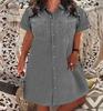 Women's Turn Down Collar Short Sleeve Midi Denim Dress Loose Fit Single Breasted Chest Pocket Solid Jean Shirt Dress Vintage Summer Casual Tunic Dress