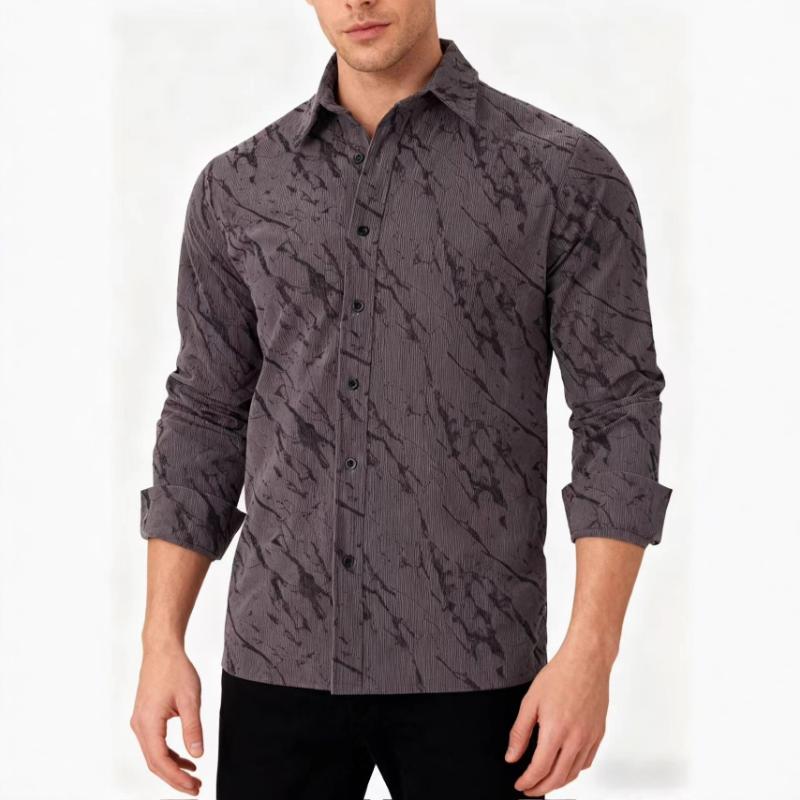 Men Marble Print Long Sleeve Button Down Shirt S серый