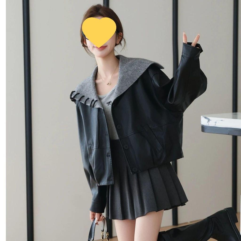 Women's Navy Collar Leather Jacket: Petite, Slimming, Short Coat in Black Spandex