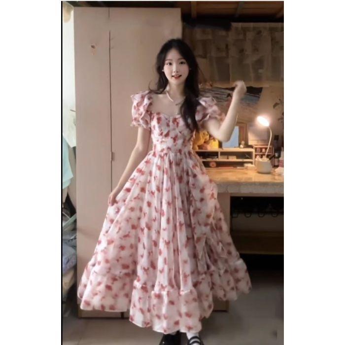 LC French sweet floral off-the-shoulder square collar dress for women's summer new gentle temperament medium and long