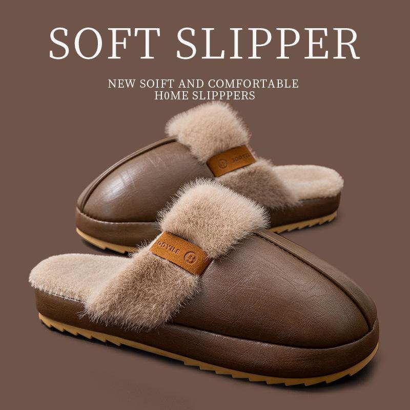 Waterproof cotton slippers autumn and winter 2025 new home warm thick bottom PU leather surface antibacterial cotton slippers