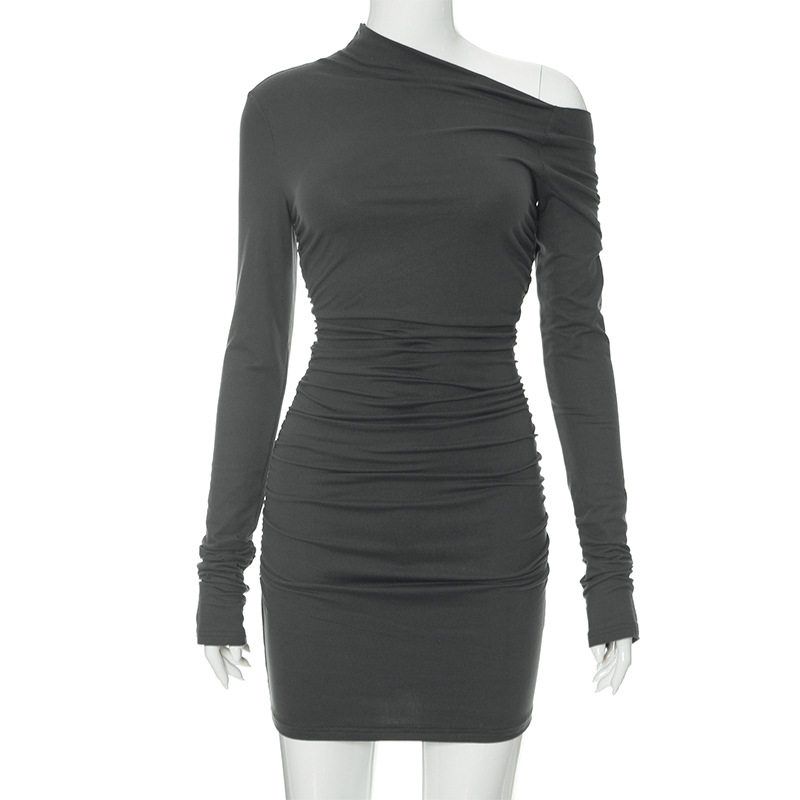 

Solid Color Long Sleeved Pleated Dress Dark Gray L