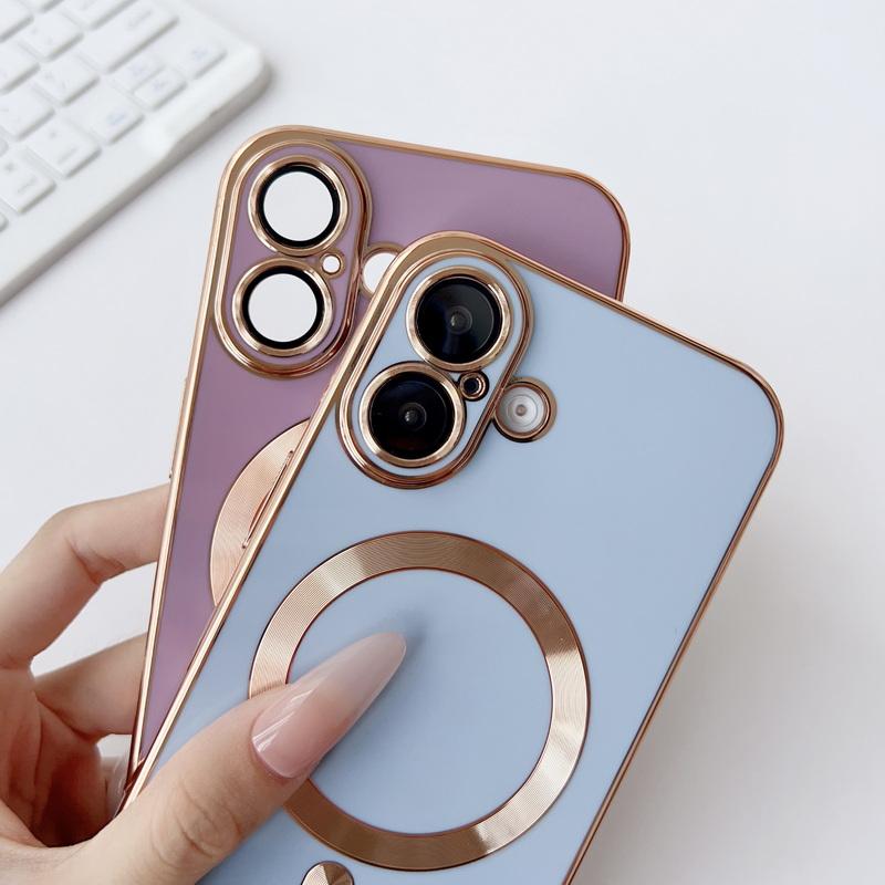 For iPhone 16 Pro 15 14 Plus 13 12 Pro Max 11 Electroplating with Lens Flims for Magsafe Magnetic Shockproof Soft Tpu Plain Color Slim Case Cover