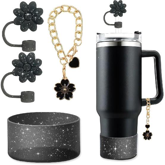 Accessories for Stanley Cup Set,2Pcs Flower Straw Cover Caps 10mm Reble Brown Straw Toppers,1Pcs Cute Handle Charm and 1Pcs Silicone Boot Sleeve for