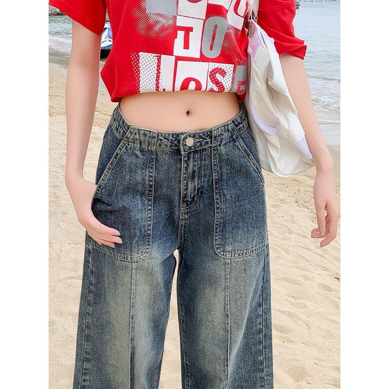 American Retro Blue Wide Leg Denim Female 2025 Summer New High Waist Slim Looking Line Drape Baggy Straight Trousers