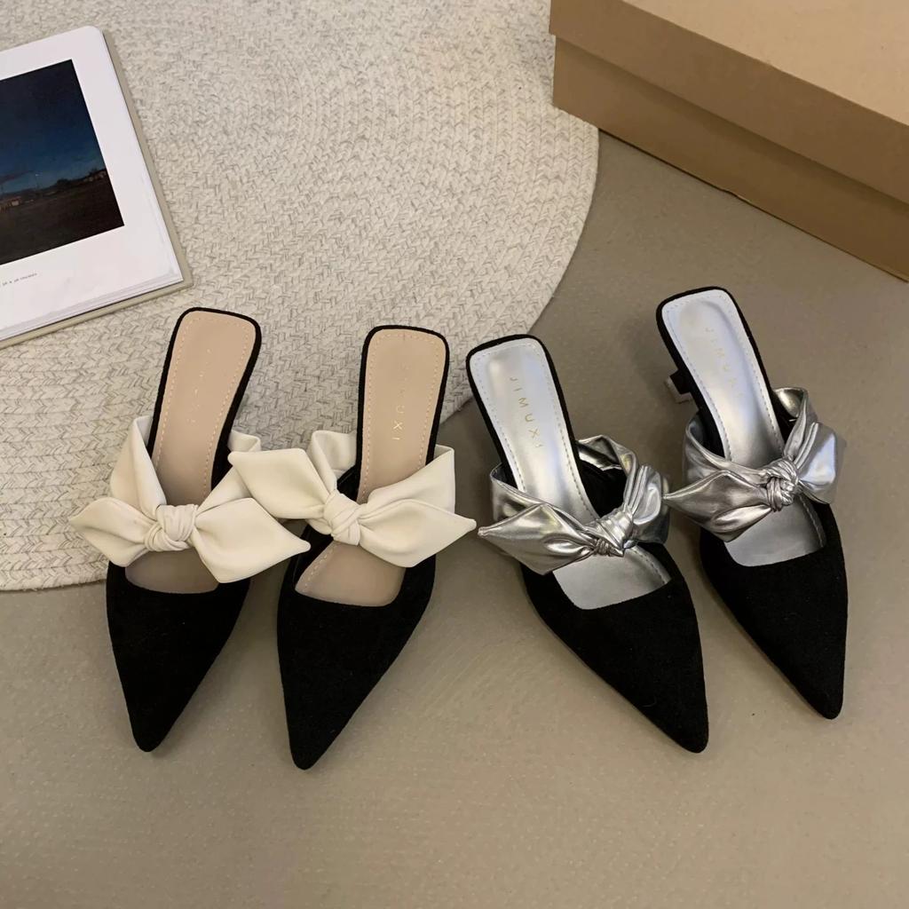New Summer Women Pointed Toe High Heels Sandals Bowknot Flower Woman Shoes Slingback Woman Slippers