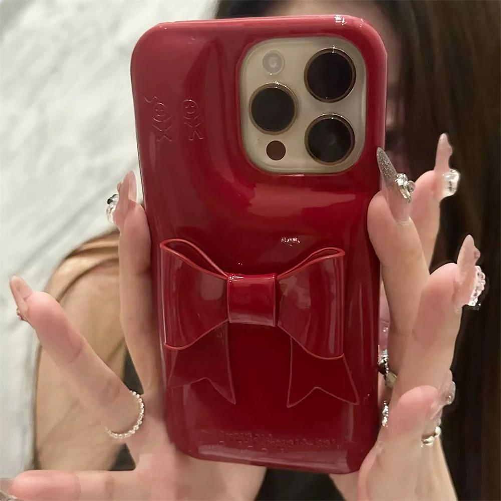 INS Korean Vintage Red 3D Bowknot Leather Phone Case For iPhone 17 16 15 14 13 12 Pro Max Creative Glossy Soap Soft Cover