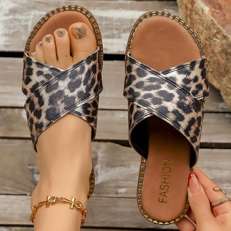Women s Leopard Print Flat Sandals Summer Cross Strap Light Beach Slippers Woman 43 Non-slip Outdoor Slippers 36