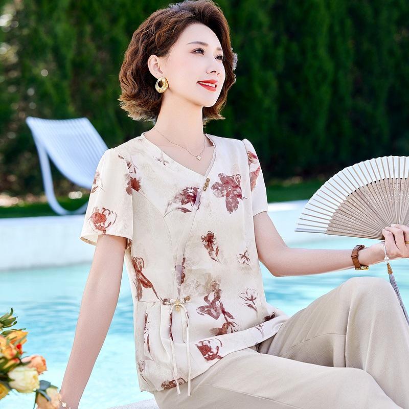 

Elegant Summer Set: Short-Sleeve Top & Wide-Leg Pants - New Chinese Style for Mid-Aged Women 4XL (suggested 130-145 jin)