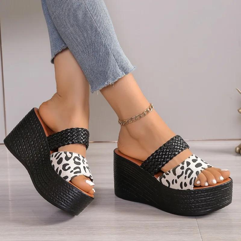Women Leopard Slippers Summer Wedges Heels Beach Slippers Women Fashion Casual Platform Sandals Slides Women Zapatos De Mujer