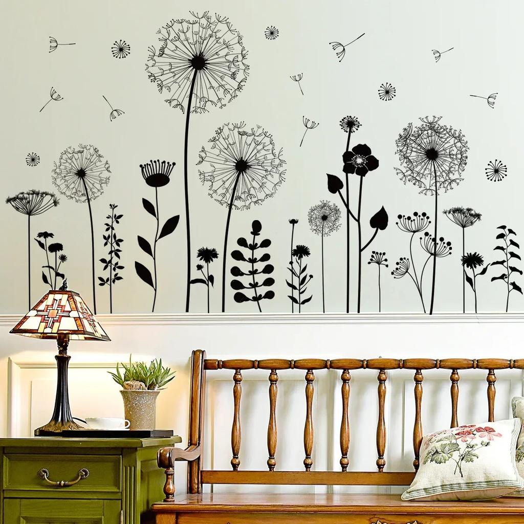 Wall Sticker Decorative Vinyl Adhesive Wall Sticker Wall Flowers Dandelion for Window Room Bedroom Black Home Decoration