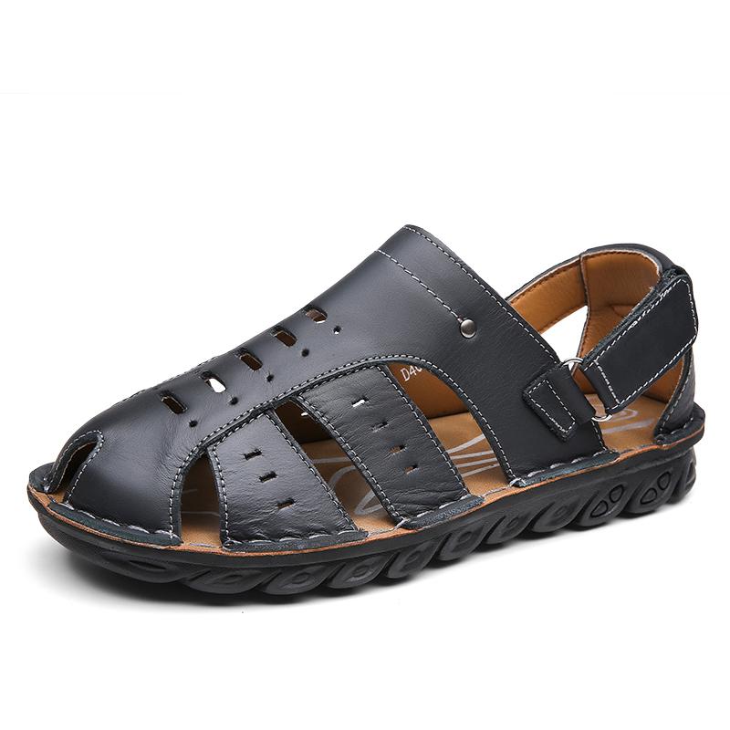 Men Brown Flats Slippers Summer Outdoor Wide Head Hiking Sandals Retro Black Leather Closed Toe Beach Shoes Plus Size