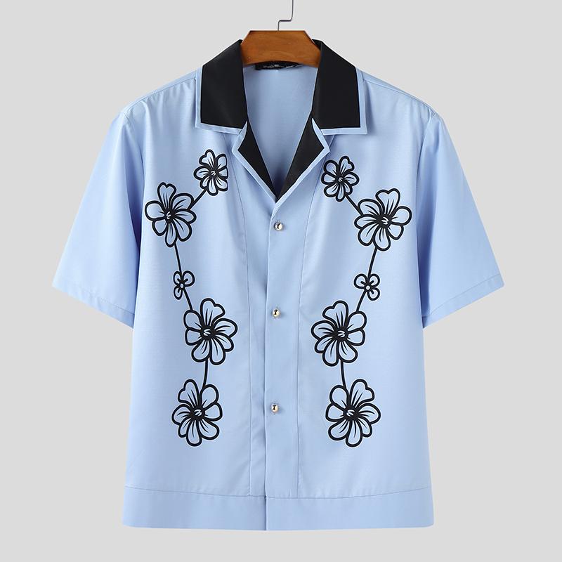 

INCERUN Men s Patchwork Short Sleeve Printed Shirts Button Up Summer Casual Tops 4XL синий