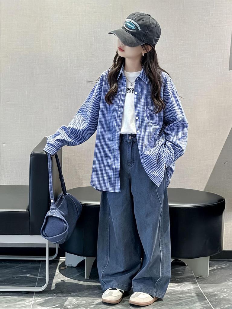 Girls' Autumn 2026 Korean Plaid Long Sleeve Cardigan Shirt