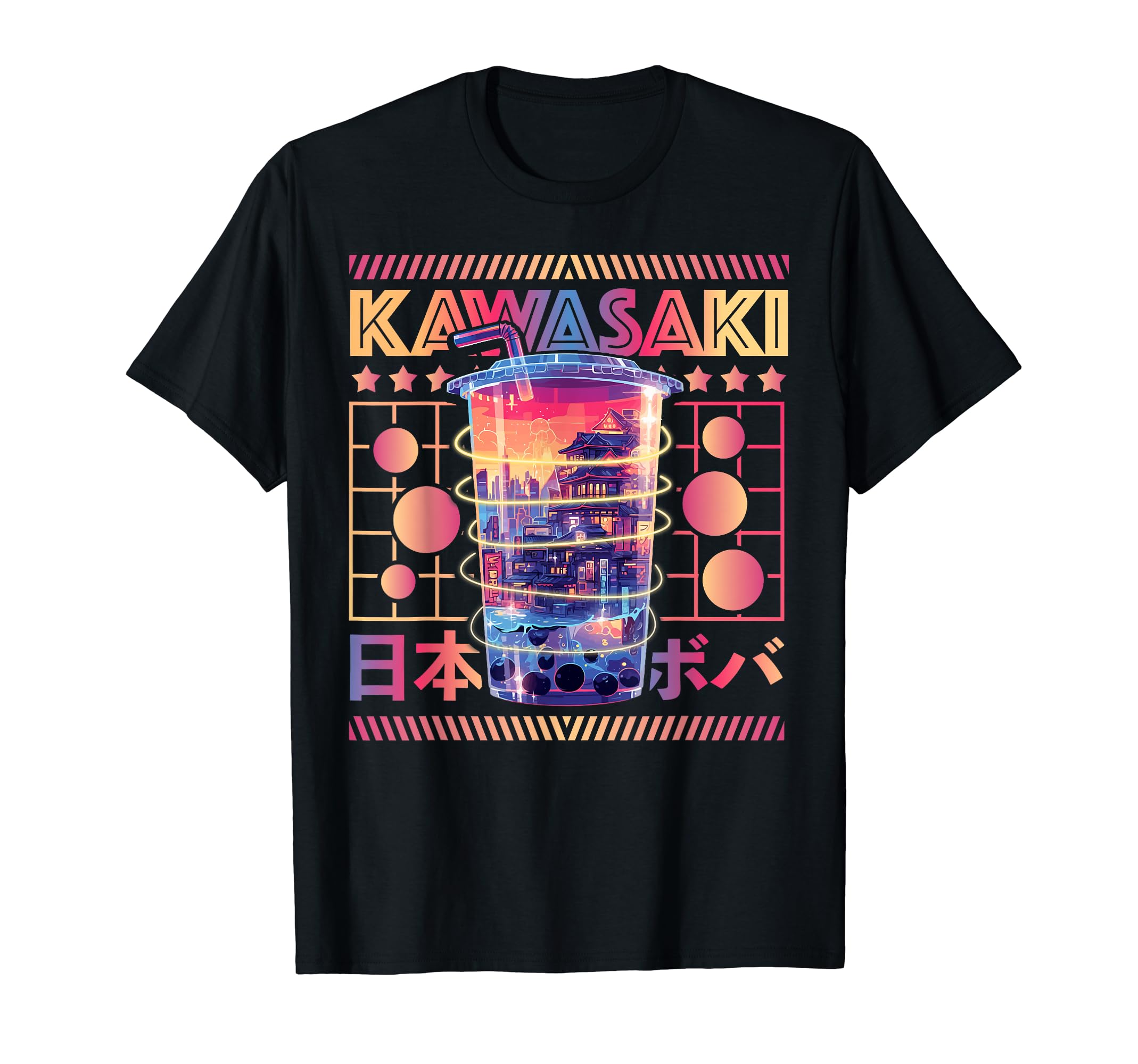 

Kawasaki City 80s Synthwave Boba Tee Japan Kawasaki T-Shirt чёрный