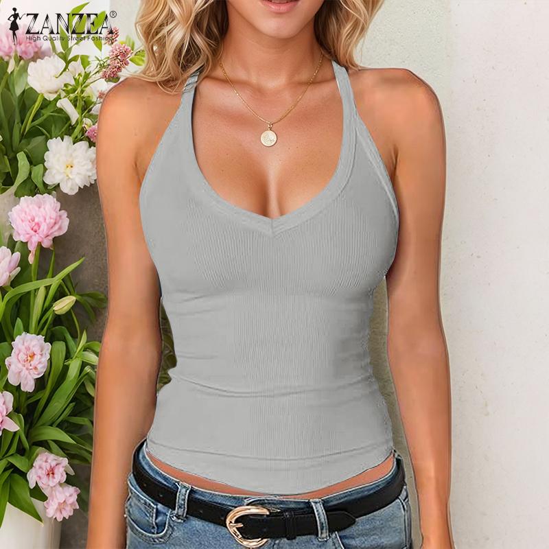 ZANZEA Women Summer Casual V-Neck Tight Sleeveless Cropped Tank Tops