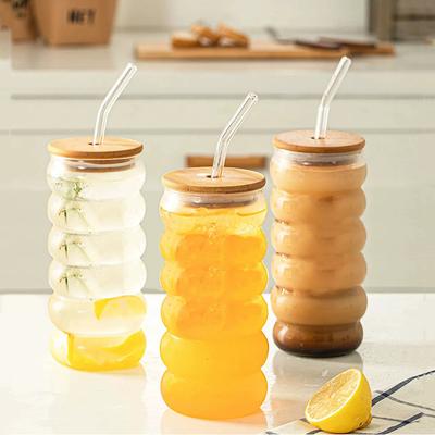 1/2 Pezzi Bicchieri per Bevande con Cannucce Bicchieri di Vetro trasparenti Bicchieri da Bere a Coste per Succo Birra Vino Champagne Cocktail 350/500ml