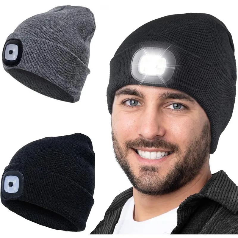 LED lue lue med lys unisex varm vinterlue USB oppladbar hodelykthette vinterstrikket nattbelyst lue lommelykt
