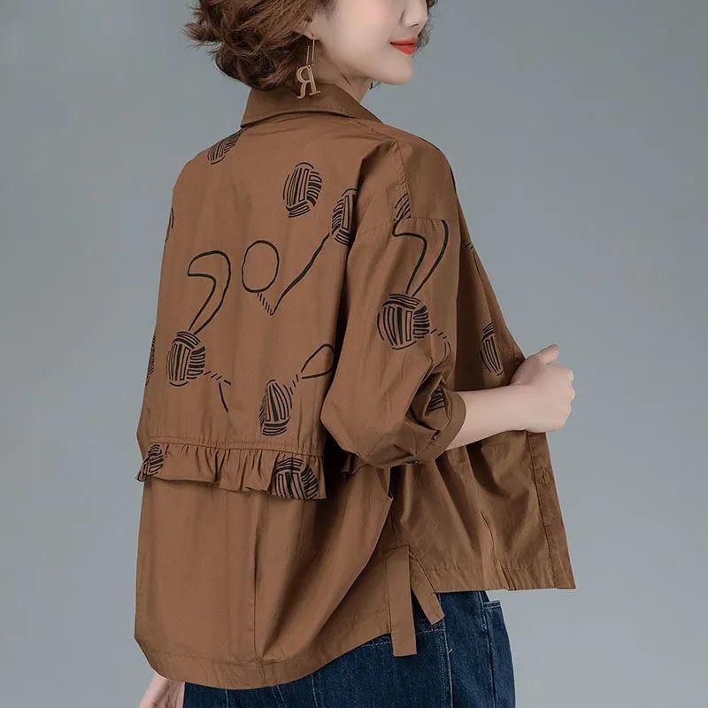 

Весенне-осенний топ с принтом, женская рубашка для мам среднего возраста, свободное повседневное короткое и тонкое пальто 3XL темно-коричневого
