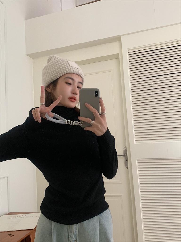 Piled Collar Solid Color All-match Knitted Sweater Women's Autumn and Winter Western-style Slim-fit Coat Inner Knitted Base Shirt