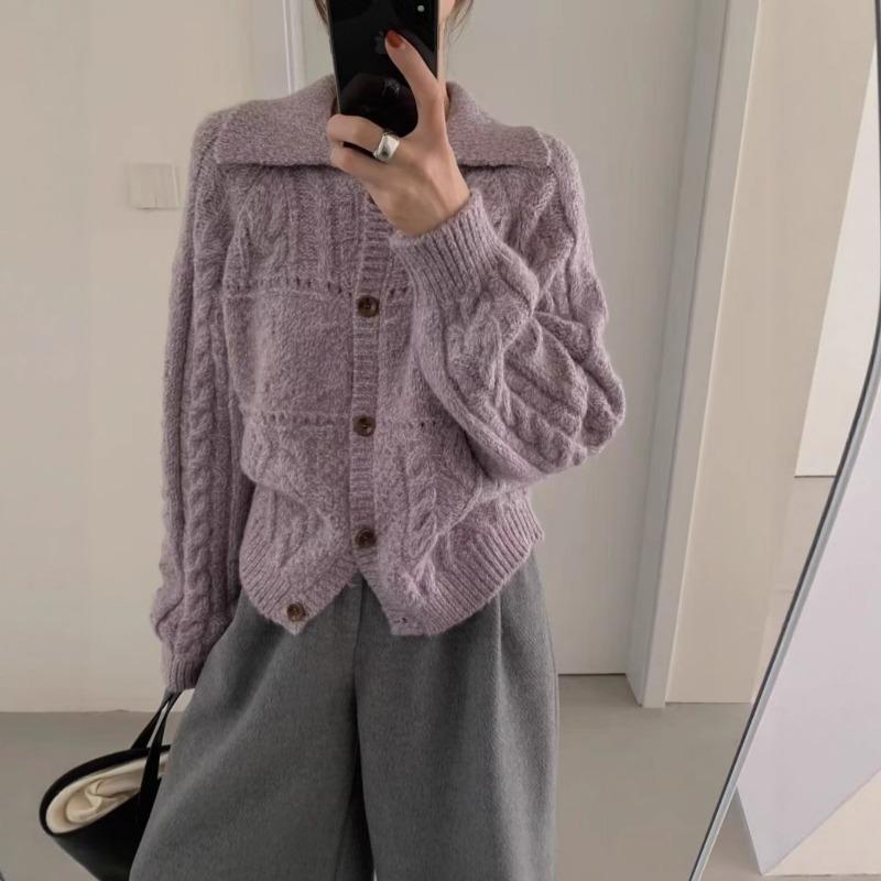 Retro Lapel Twist Knitted Cardigan Women's Clothing Autumn and Winter New Soft Waxy Loose Lazy Sweater Jacket