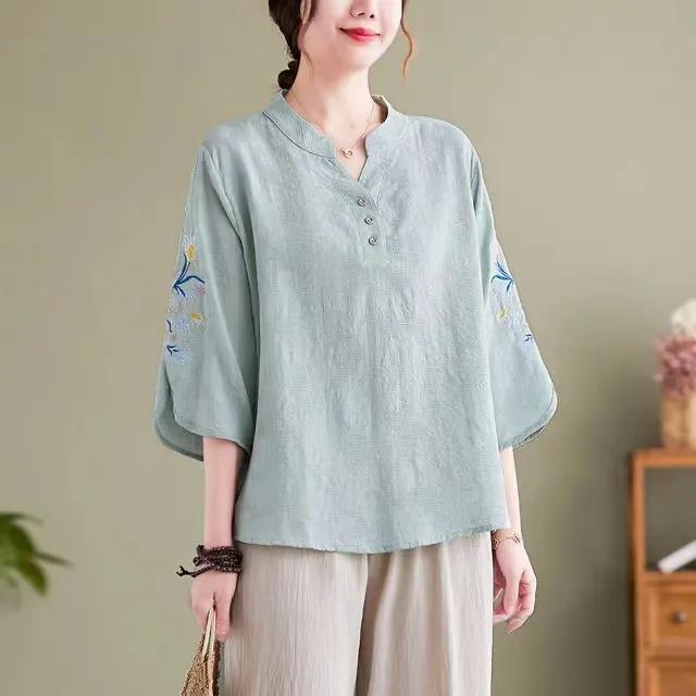 Chinese Style Women's Summer Blouse, Women's Embroidered Small Shirt, Chinese Style Linen Mother's New Shirt