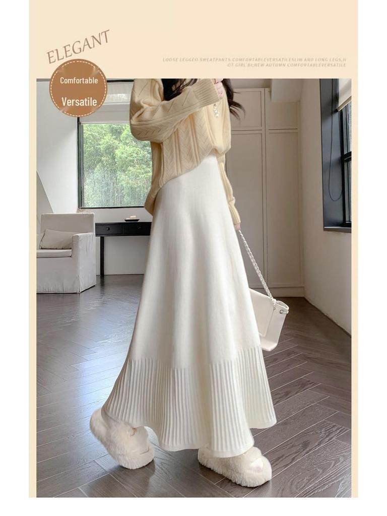 High Waist Autumn/Winter Pleated A-line Knit Skirt with Slimming Design