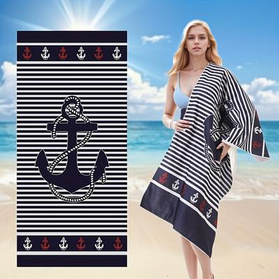 Oversized Anchor & Stripes Beach Towel – Soft, Sand-Resistant Microfiber Towel for Adults, Machine Washable for Beach,Pool, Home