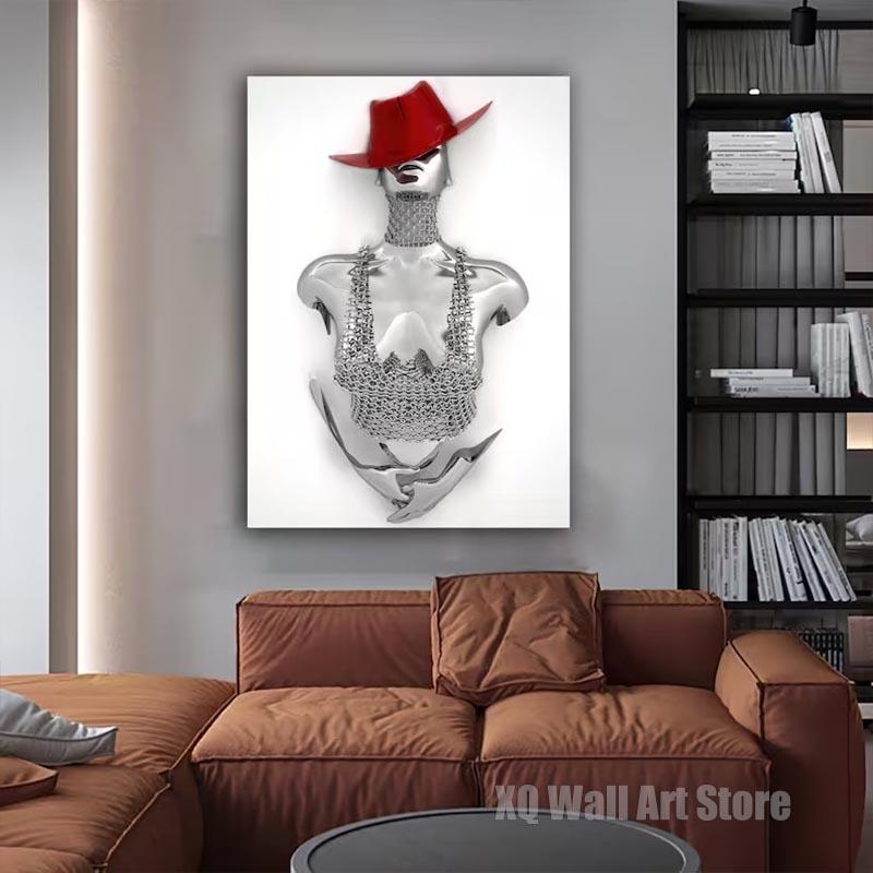 Abstract Croupier Woman With Red Hat Poster Canvas Painting Wall Art Modern Picture For Living Room Home Office Decor Frameless