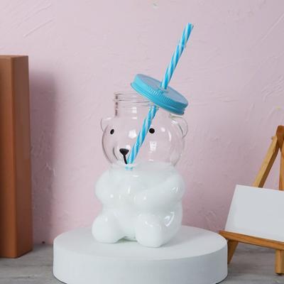 Bear Glass Cup with Spill-Proof Lid And Straw Cute Bear Tumbler for Smoothies Coffee Juice Thick Glass Mug for Home Office Travel