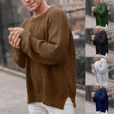 Men's Solid-color Long-sleeved Round-neck Pullover, Knitted Sweater, Men's Striped Sweater