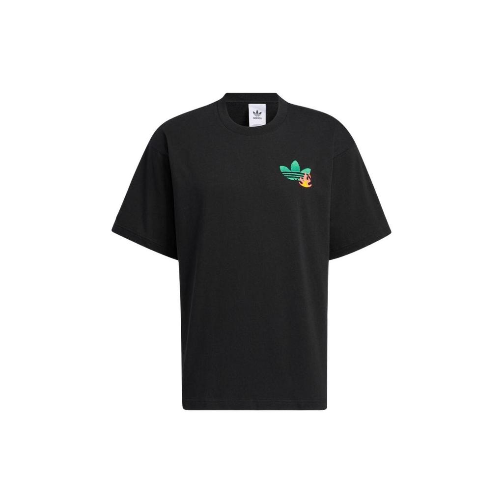 Adidas Logo Kreslený Vzor Vyšívané Tričko s Krátkým Rukávem a Kulatým Výstřihem Unisex Topy Černé HM8041