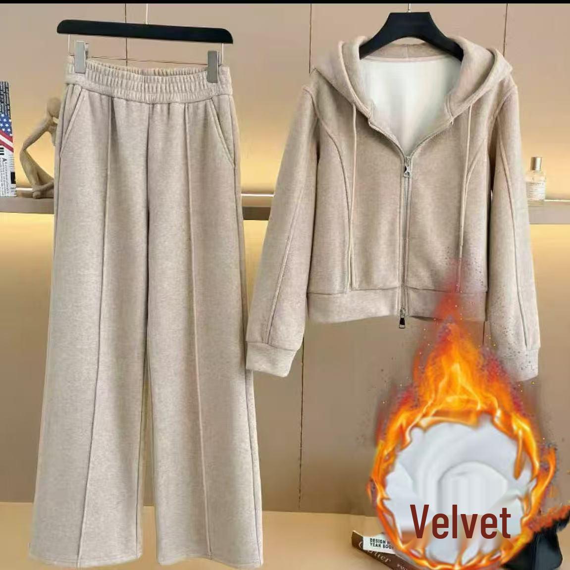 

Женский повседневный спортивный костюм на флисовой подкладке - Толстовка с капюшоном и брюки палаццо, коллекция Осень/Зима 2025. 4XL (160-180 jin)