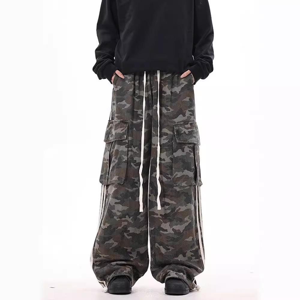 Women's Retro Camo Striped Overalls - Loose Fit, Wide-Leg, Large Pockets, Trendy Neutral Style