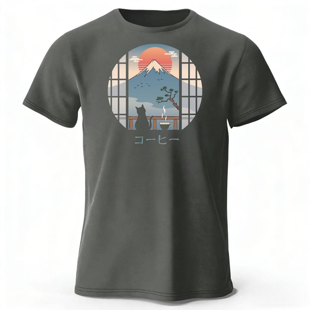 New Japanese Style Fuji Mountain Print Mens Pure Cotton Sports Running Fitness Short Sleeved Simple Style Plus Loose Tshirt