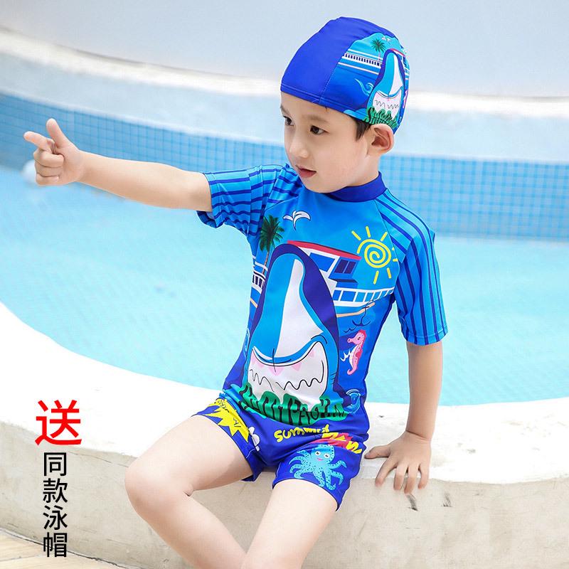 

Детский слитный купальник с акулой и шапочкой для плавания - Корейский стиль, быстросохнущий, защита от УФ-лучей для мальчиков размеров S, M и L. 120 cm (35-45 jin)